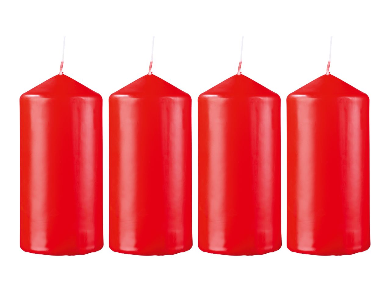 Four red pillar candles with wicks, arranged in a row.