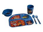 Blue children's dining set with Paw Patrol characters, including a plate, bowl, cup, fork, and spoon.