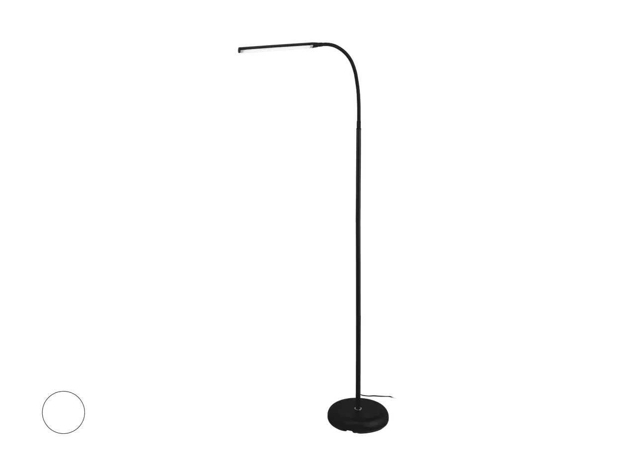Lampadaire LED noir avec base ronde et tête lumineuse incurvée.