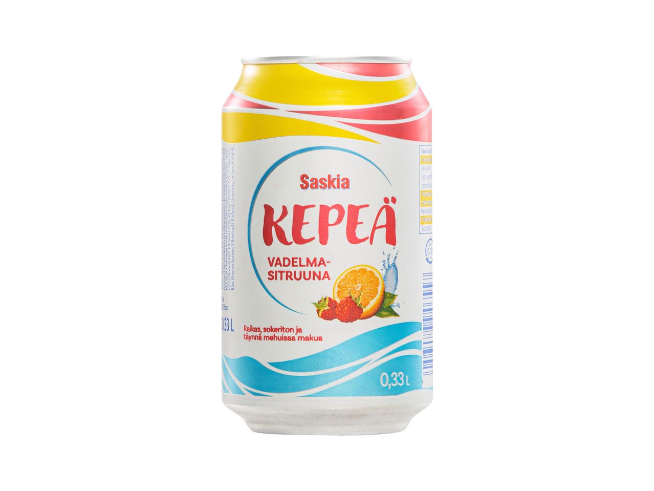 Saskia Kepeä vadelma-sitruunalimonaditölkki valkoisella taustalla.