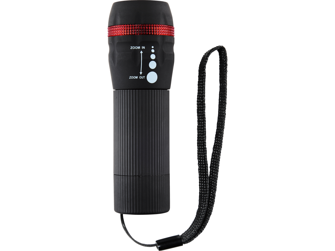 Lanterna LED CRIVIT preta com anel vermelho e função de zoom, com cordão preto.