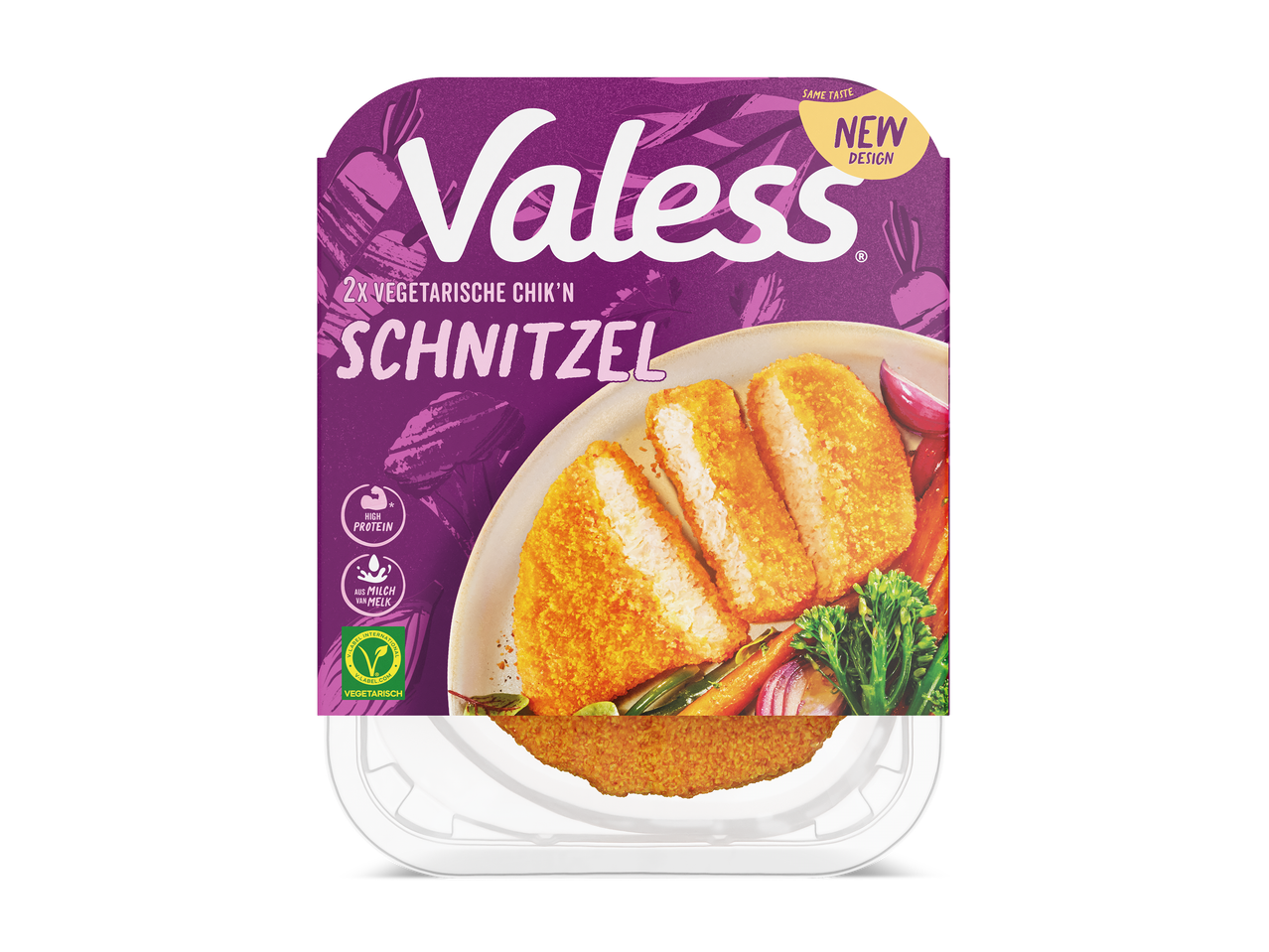 Verpakking met twee vegetarische schnitzels, met de tekst 'NIEUW ONTWERP' en 'VEGETARISCH'.