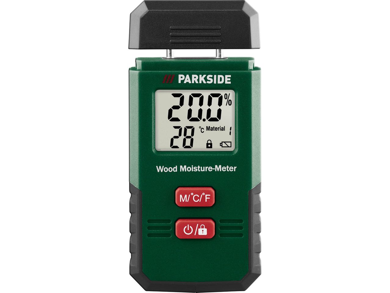 Misuratore di umidità del legno Parkside con display digitale che mostra 20.0% e 28°C.