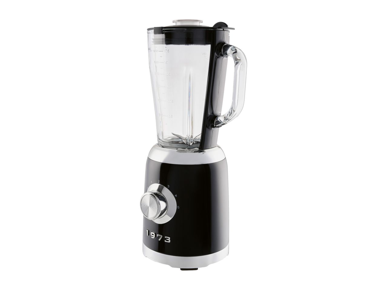 Retro-style black blender with a glass jug and silver dial, featuring the year 1973