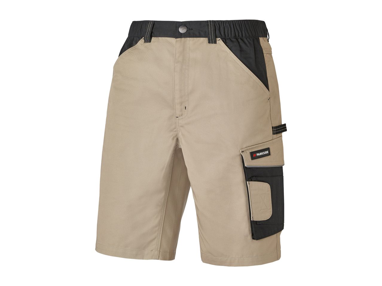 Beige work shorts with black reinforced pockets.