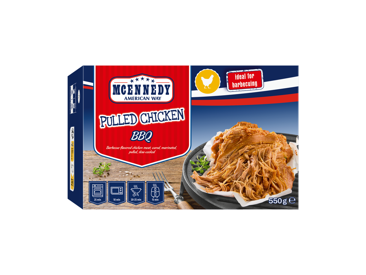Paquet de poulet effiloché BBQ MCENNEDY avec instructions de cuisson et 550g.
