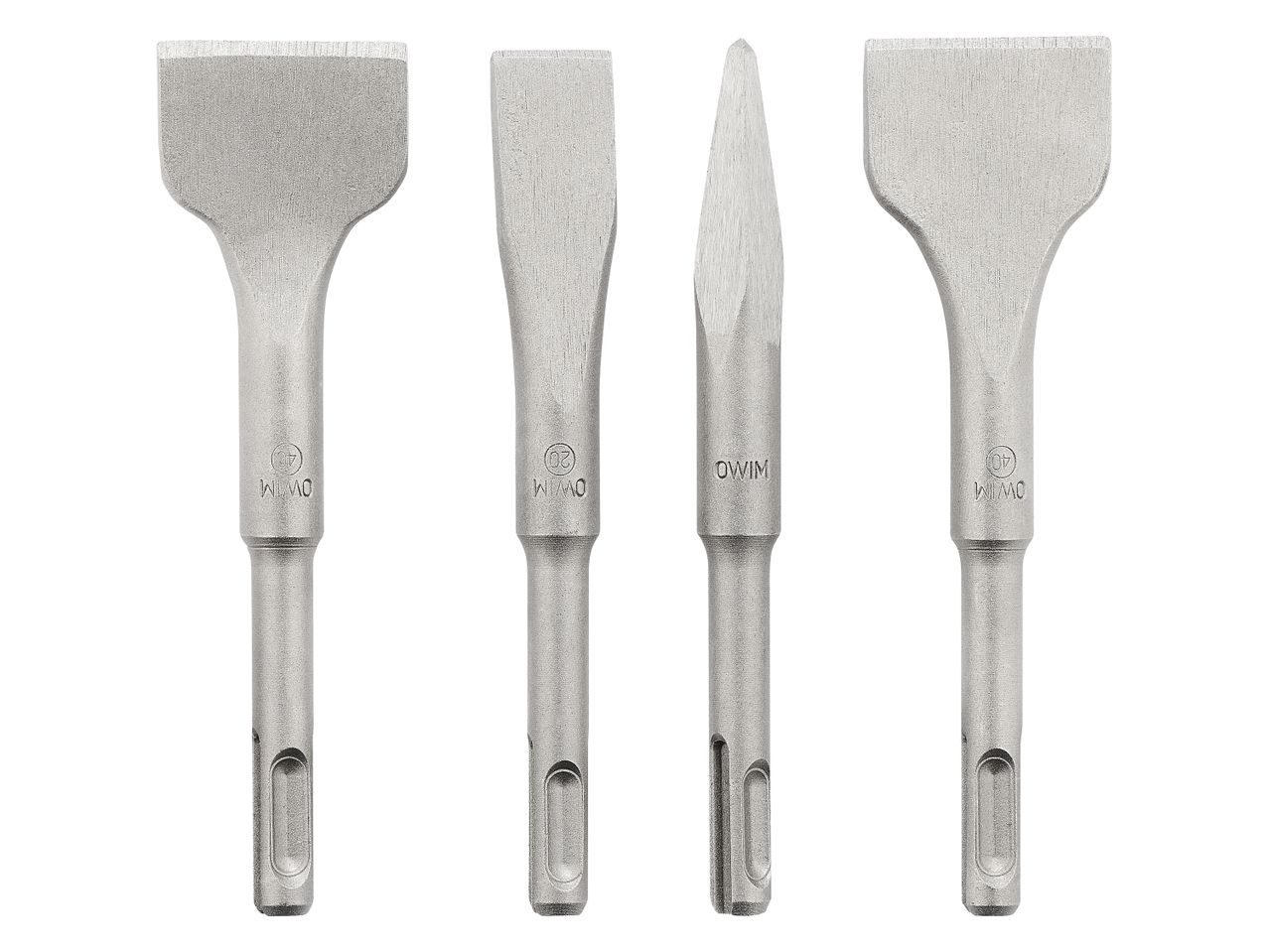 Four demolition chisels with SDS-plus shanks, including flat and point chisels.