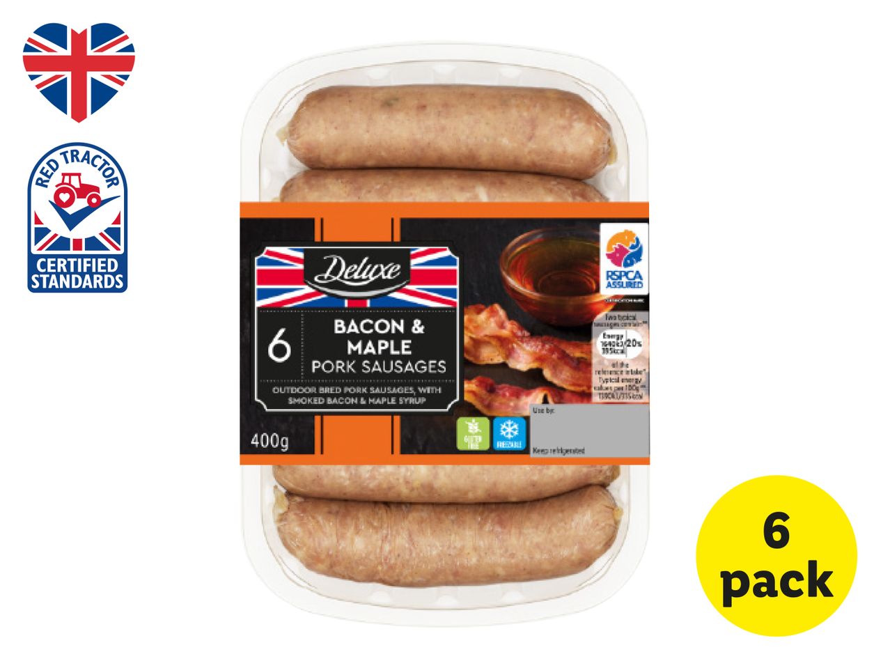 Six pack of Adelie's British & Maple sausages in a plastic tray.