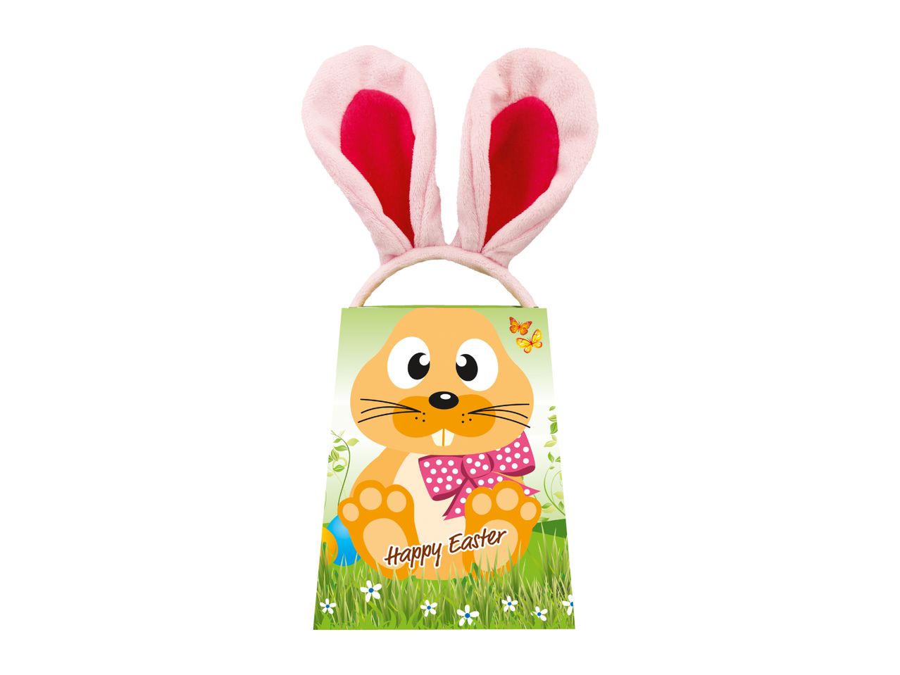 Easter bunny ears headband on a gift bag with a cartoon bunny and 'Happy Easter' text.