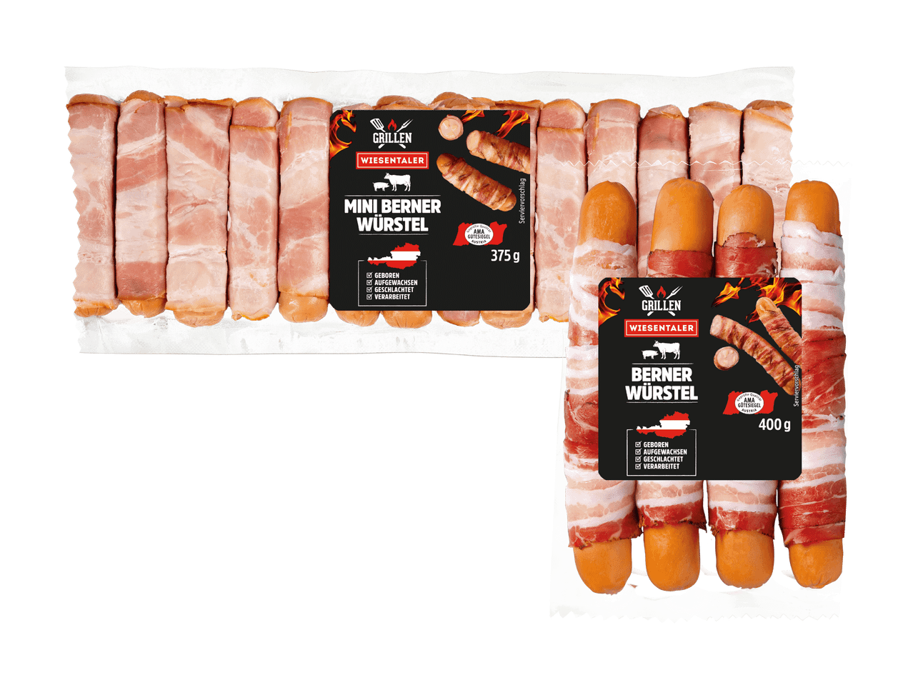 Wiesentäler Mini und Berner Würstel im Speckmantel, Grill-Snacks.