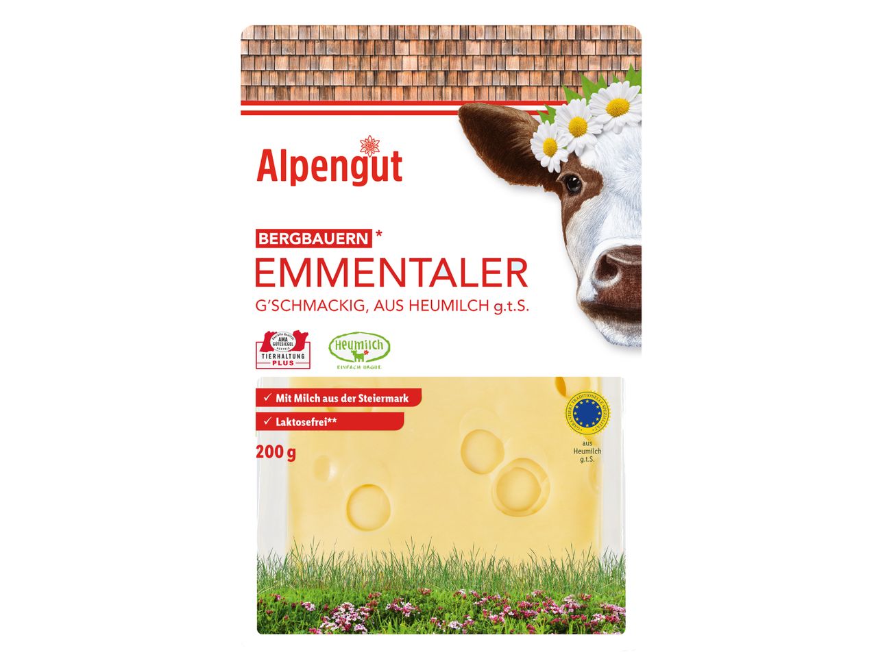 Alpengut Emmentaler Käse aus Heumilch mit einer Kuh und Blumen auf der Verpackung.