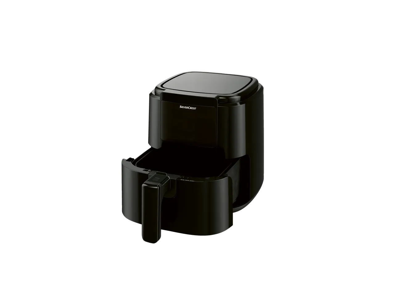 Egy fekete SilverCrest air fryer nyitott kosárral.