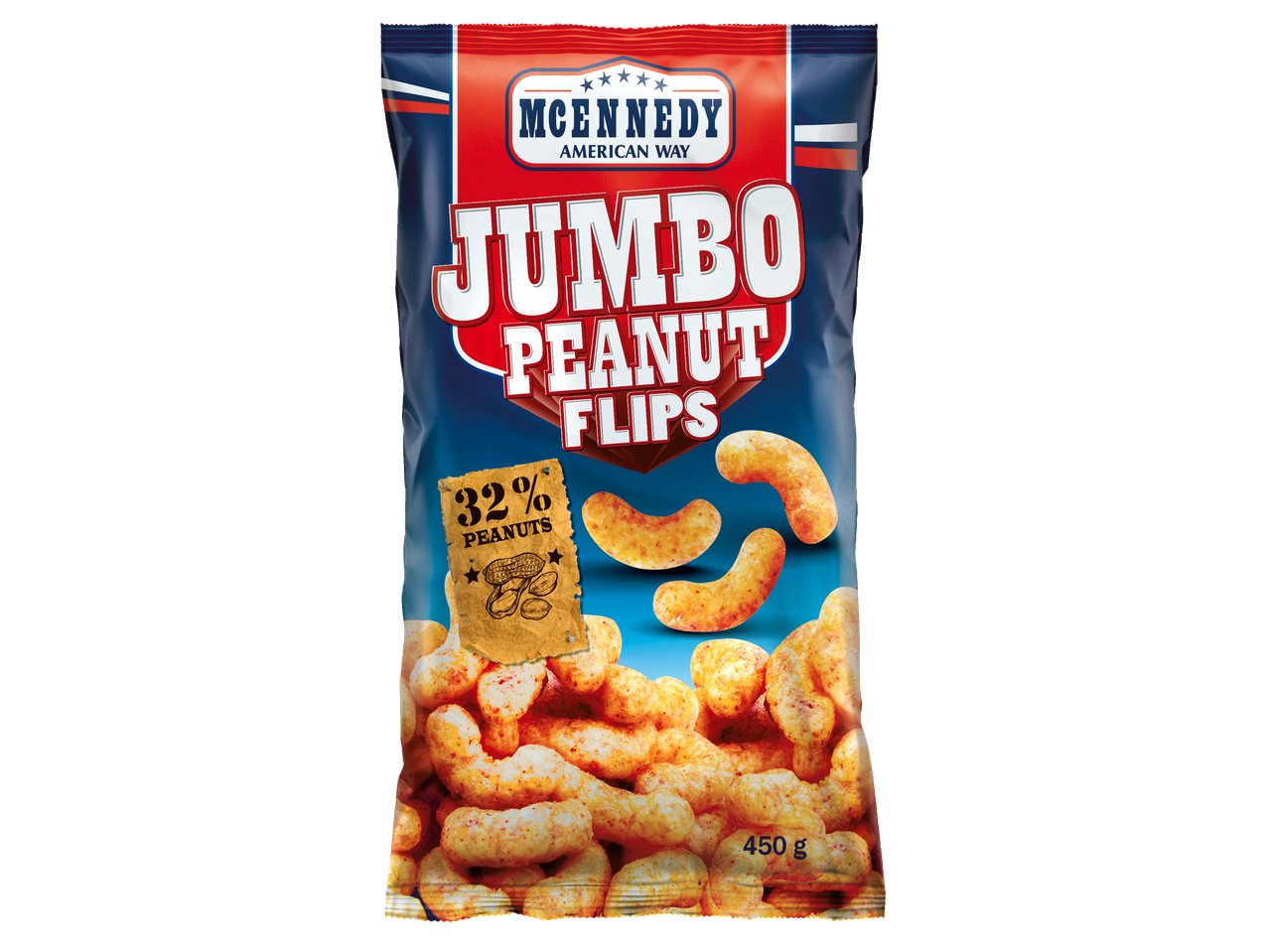 McKennedy Jumbo arahide flips, o pungă de 450g de gustări cu aromă de arahide.