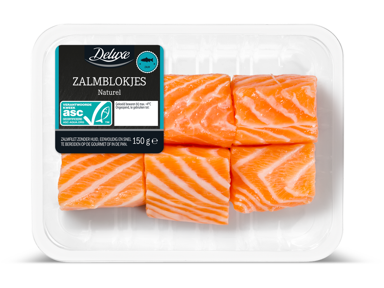 Deluxe mini-zalmblokjes naturel, 150g, ASC-gecertificeerd.