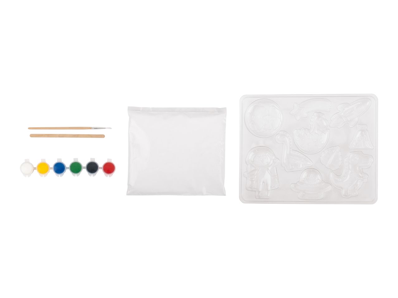 A craft kit with paints, brushes, a bag of plaster, and a mold tray with various shapes.