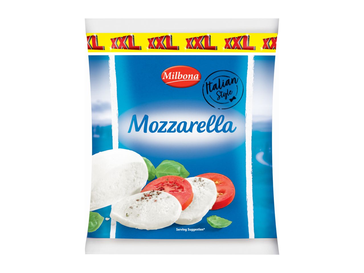 Ambalaj de mozzarella în stil italian, cu roșii și busuioc, cu eticheta „XXL”.