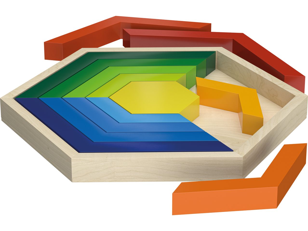 A colorful wooden hexagon puzzle with rainbow-colored pieces in a light wood frame.