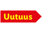 Punainen nuolenmuotoinen etiketti, jossa keltainen teksti 'Uutuus'.