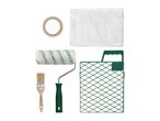 A set of painting tools including a paint roller, brush, masking tape, and plastic sheeting.