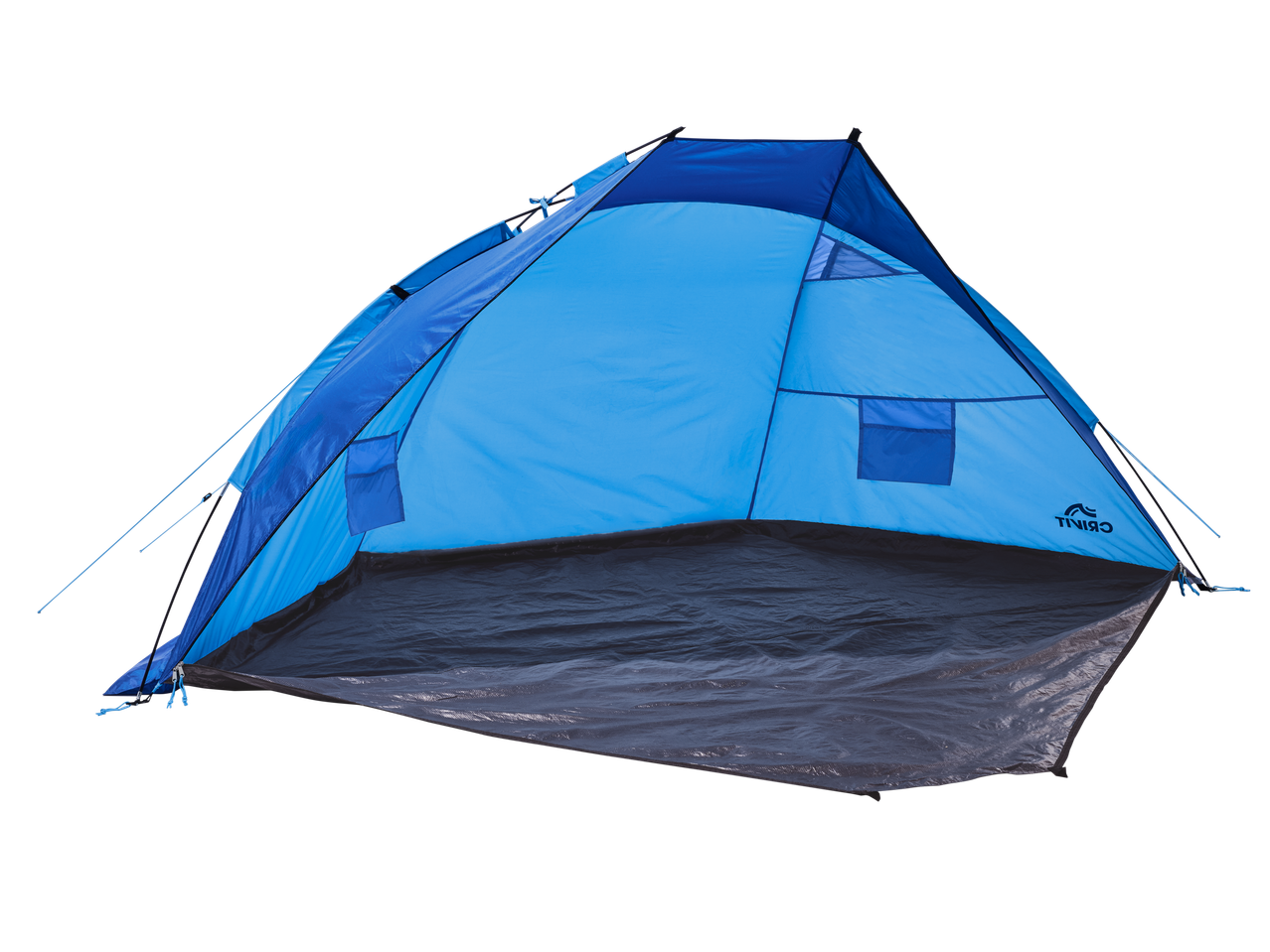 Blue beach tent with a dark grey ground tarp, set up against a black background.