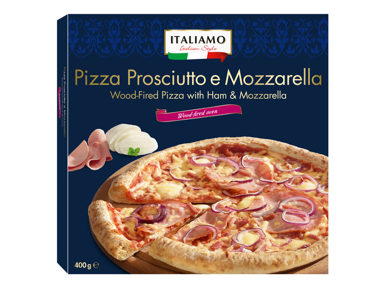 Italiamo Wood-Fired Pizza with Ham & Mozzarella, 400g, on a dark blue background.