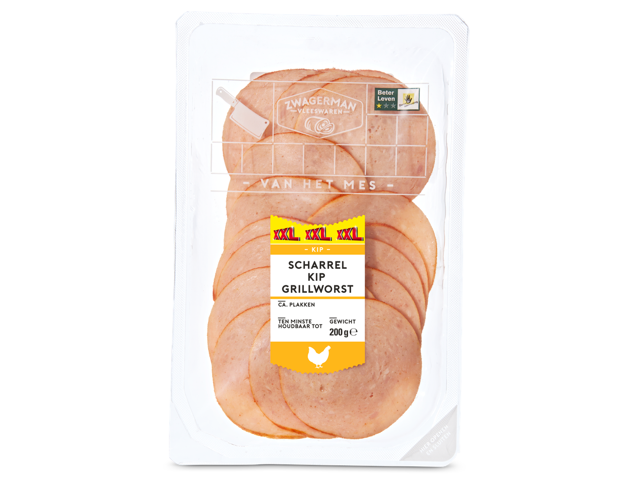 Verpakking met gesneden kipgrillworst van ZWAGERMAN.