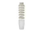 Exploded view of a beige plastic bottle top with multiple rings and a stack of clear cups.