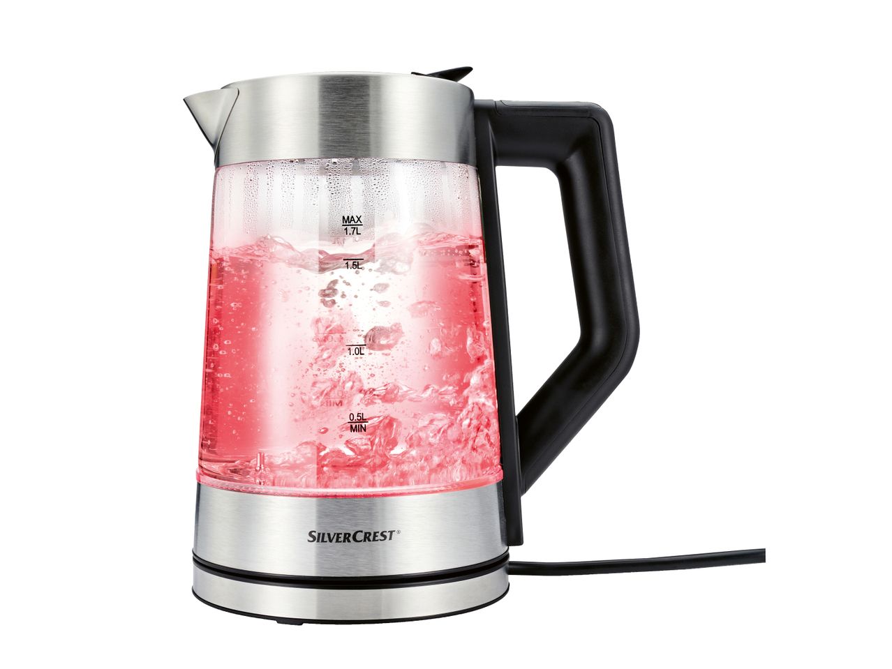 Ein gläserner Wasserkocher mit rotem, kochendem Wasser und Füllstandsanzeigen.