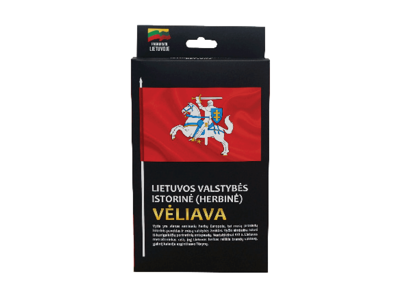 Juoda dėžutė su Lietuvos istorine (herbine) vėliava ir aprašymu.