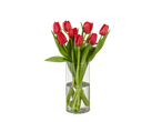 Tulipas vermelhas em um vaso de vidro.