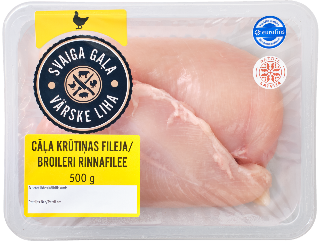 Pakendatud kana rinnafilee sildiga, mis näitab 500g kaalu ja kvaliteedimärke.