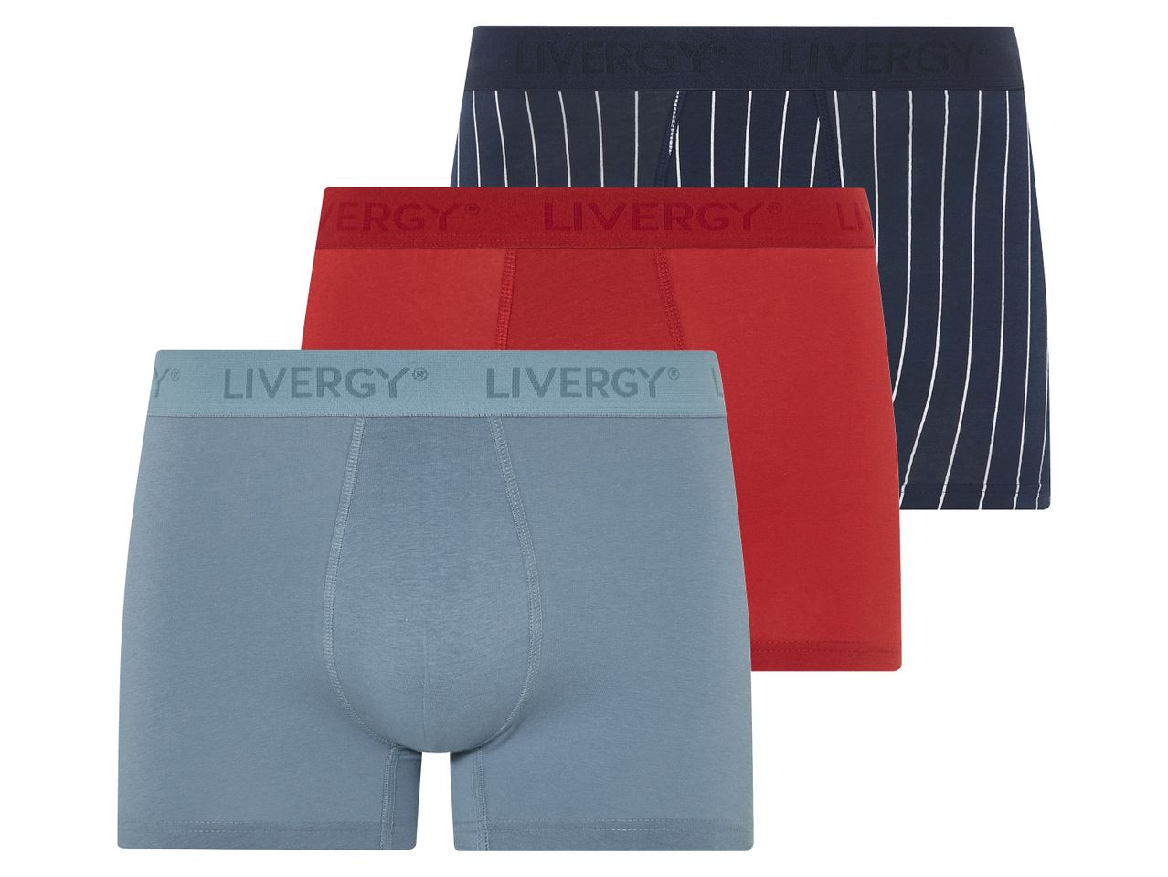 Три чифта мъжки боксери Livergy® в синьо, червено и тъмносиньо на бели райета.
