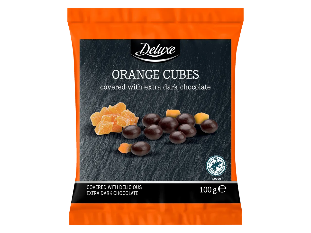 Deluxe apelsīnu kubiņi ar īpaši tumšo šokolādi, 100g iepakojums.