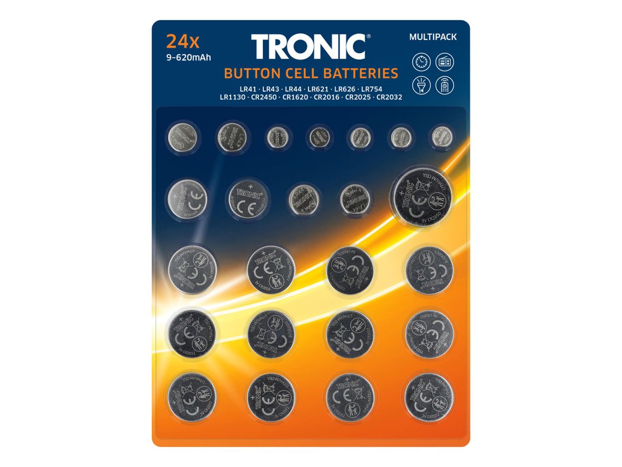 24 db TRONIC márkájú gombelem többes kiszerelésben.