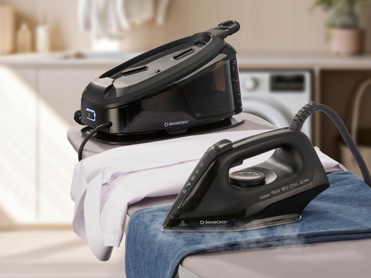 A SilverCrest steam generator iron and iron on an ironing board with clothes.