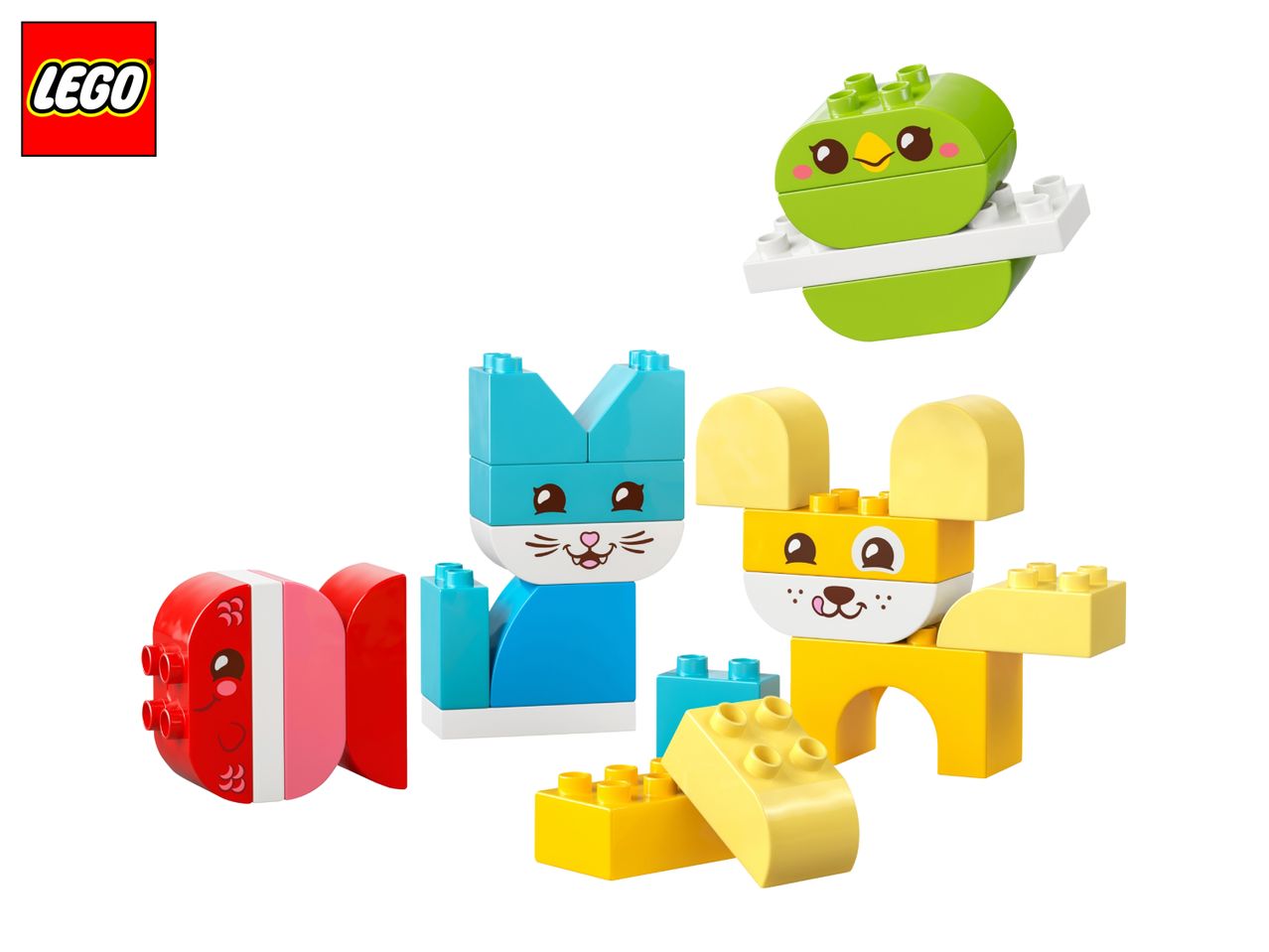 Colorful building blocks forming animal characters: a green bird, a blue cat, a yellow dog, and a red caterpillar.