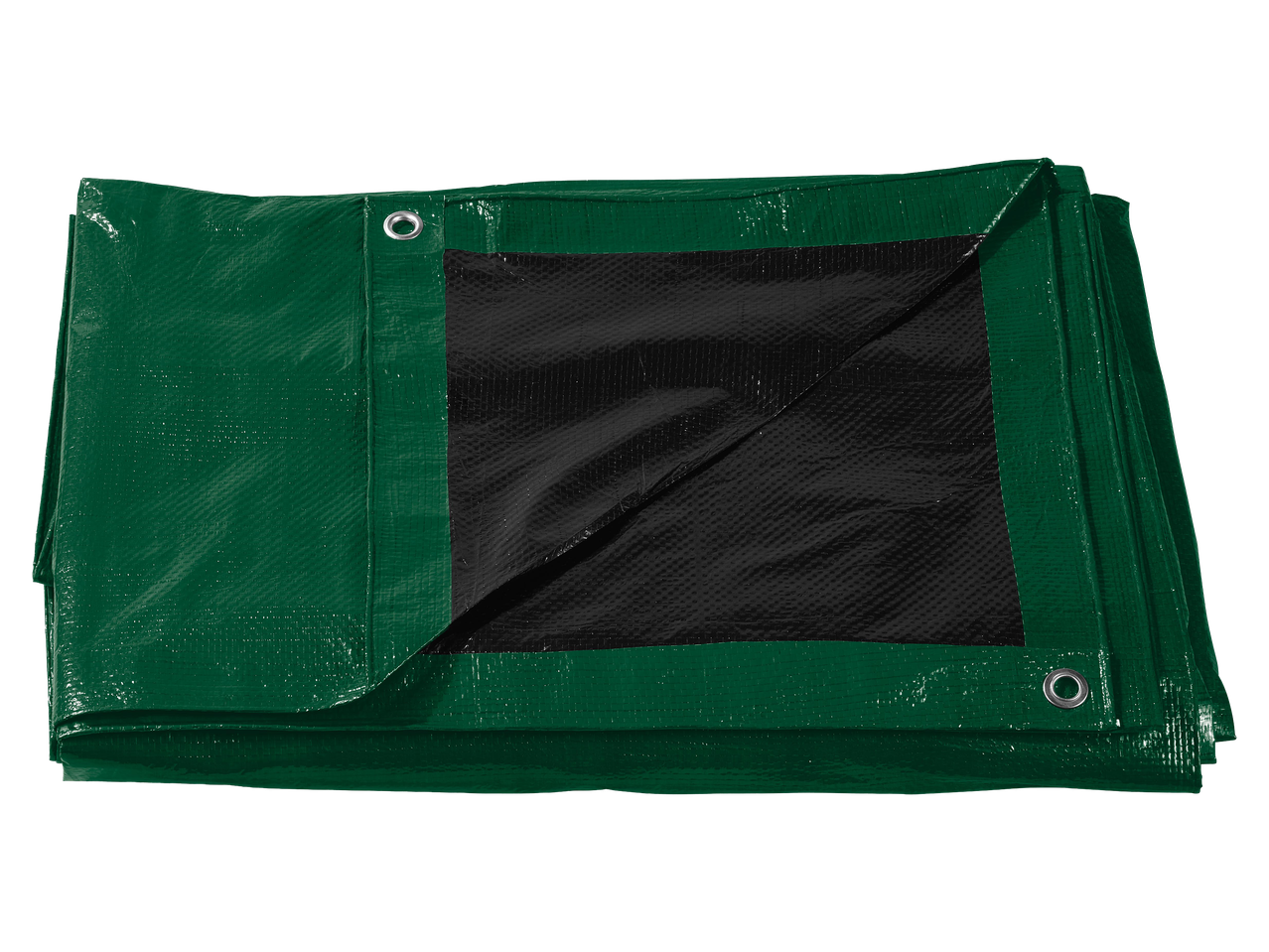 Zöld és fekete ponyva, összecsukva, fémgyűrűkkel