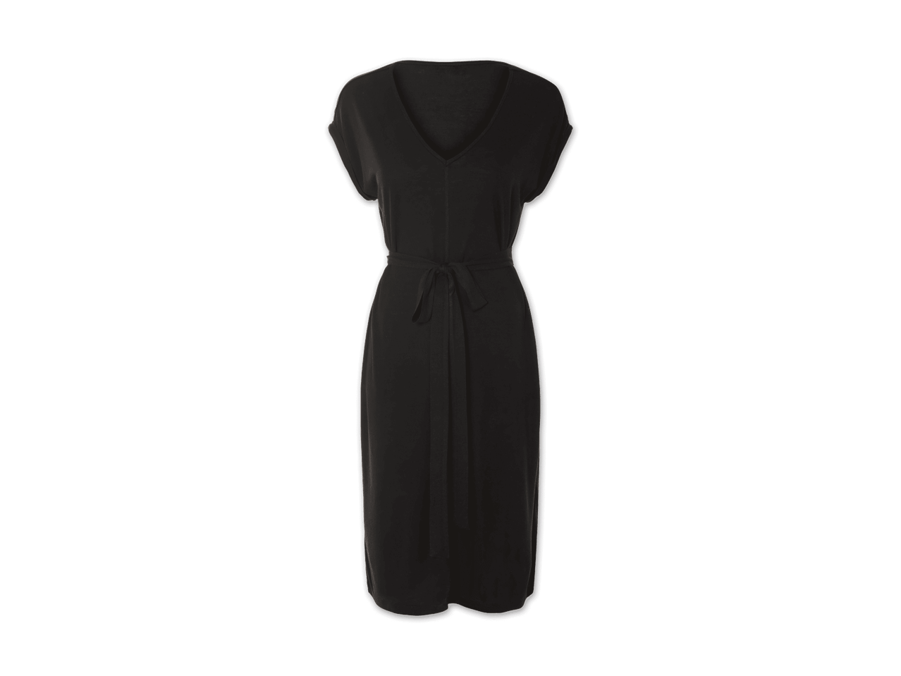 Ein schlichtes, dunkelgraues Kleid mit V-Ausschnitt.