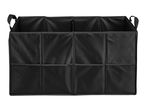Black car boot organiser with multiple compartments and mesh pockets