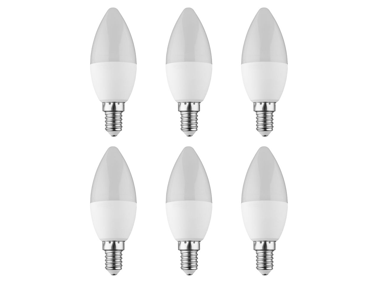 Six LED candle bulbs with E14 screw base are shown against a white background.