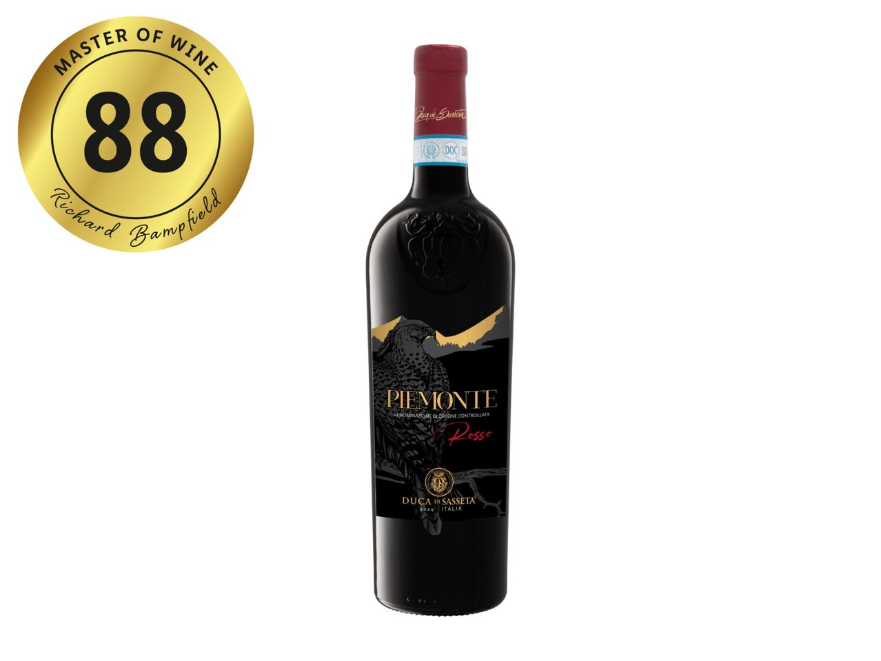 Red wine bottle with a falcon illustration and a gold Master of Wine 88-point rating.