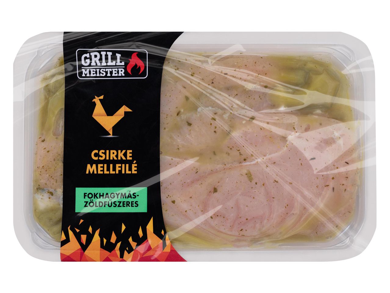 Grill Meister márkájú, fokhagymás-zöldfűszeres csirkemellfilé csomag.