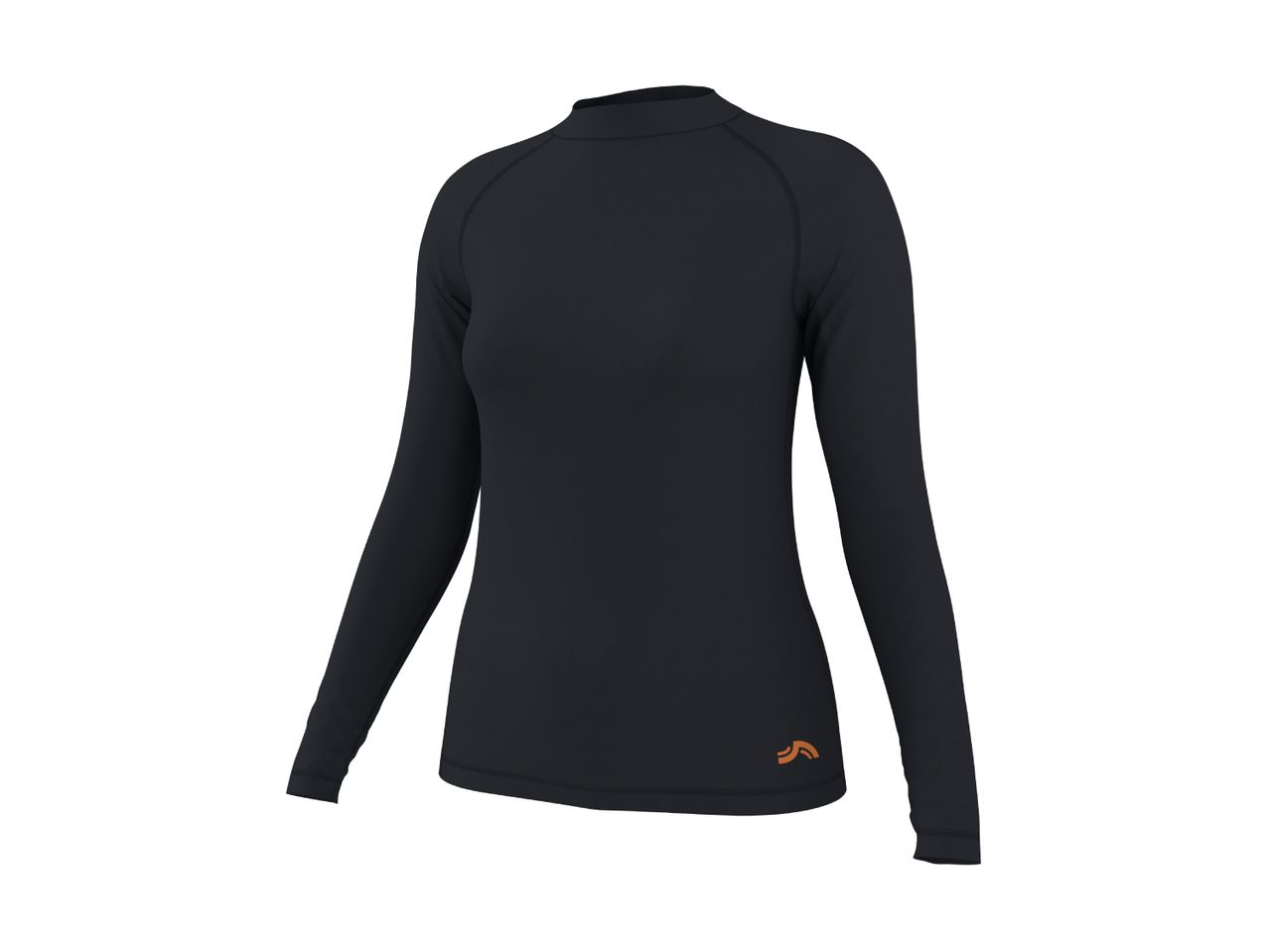 Sort langærmet rashguard med høj hals og orange logo på hoften.