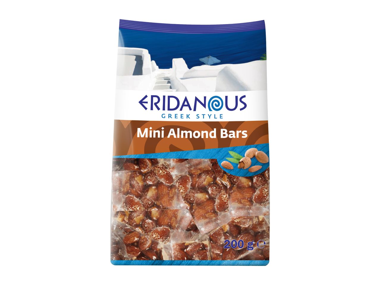 Packaging for Greek-style mini almond bars, showing the product through a clear window.
