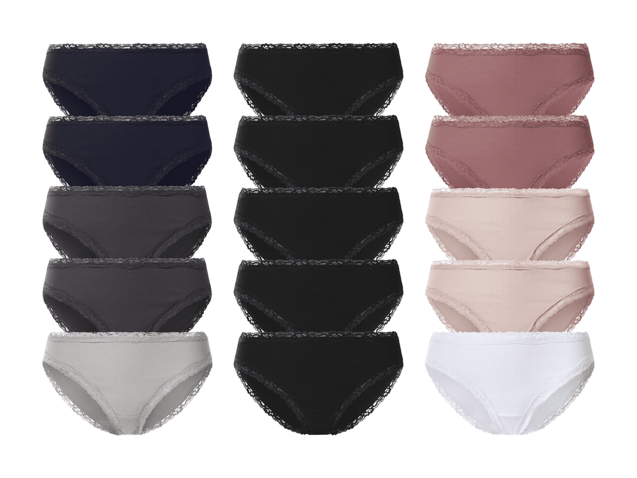 Trusser i forskellige farver: mørkeblå, sort, rosa, beige, grå og hvid.