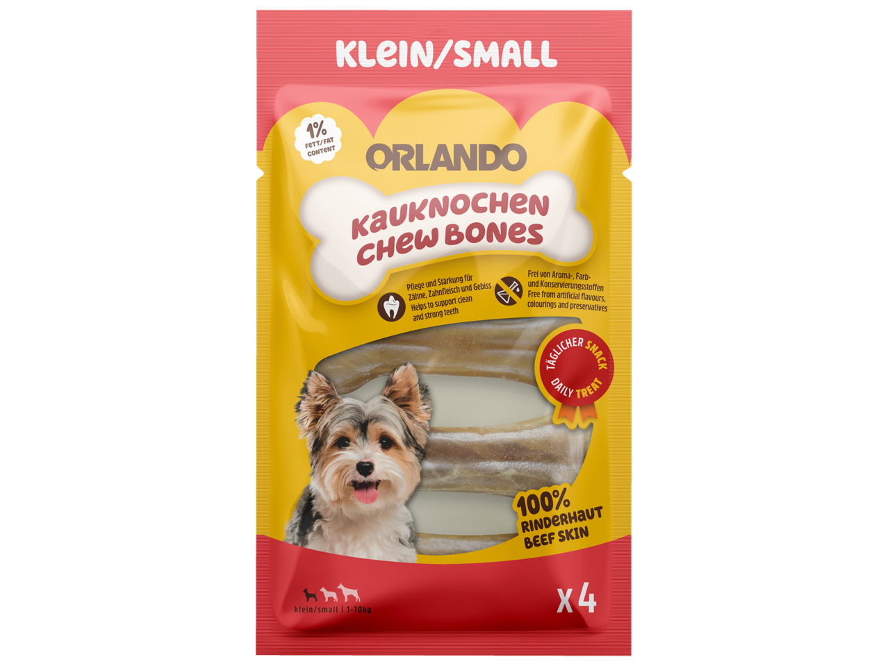 Orlando kauwbotten voor kleine honden, 100% runderhuid, 1% vet, 4 stuks