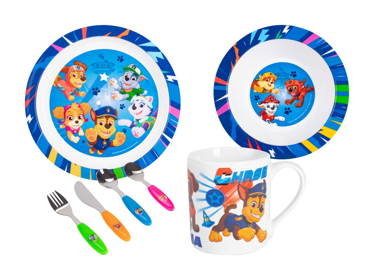 Paw Patrol-spisesæt med tallerkener, bestik og krus.