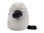 Grey plush toy with dark grey fluffy ears and tail, viewed from the back.
