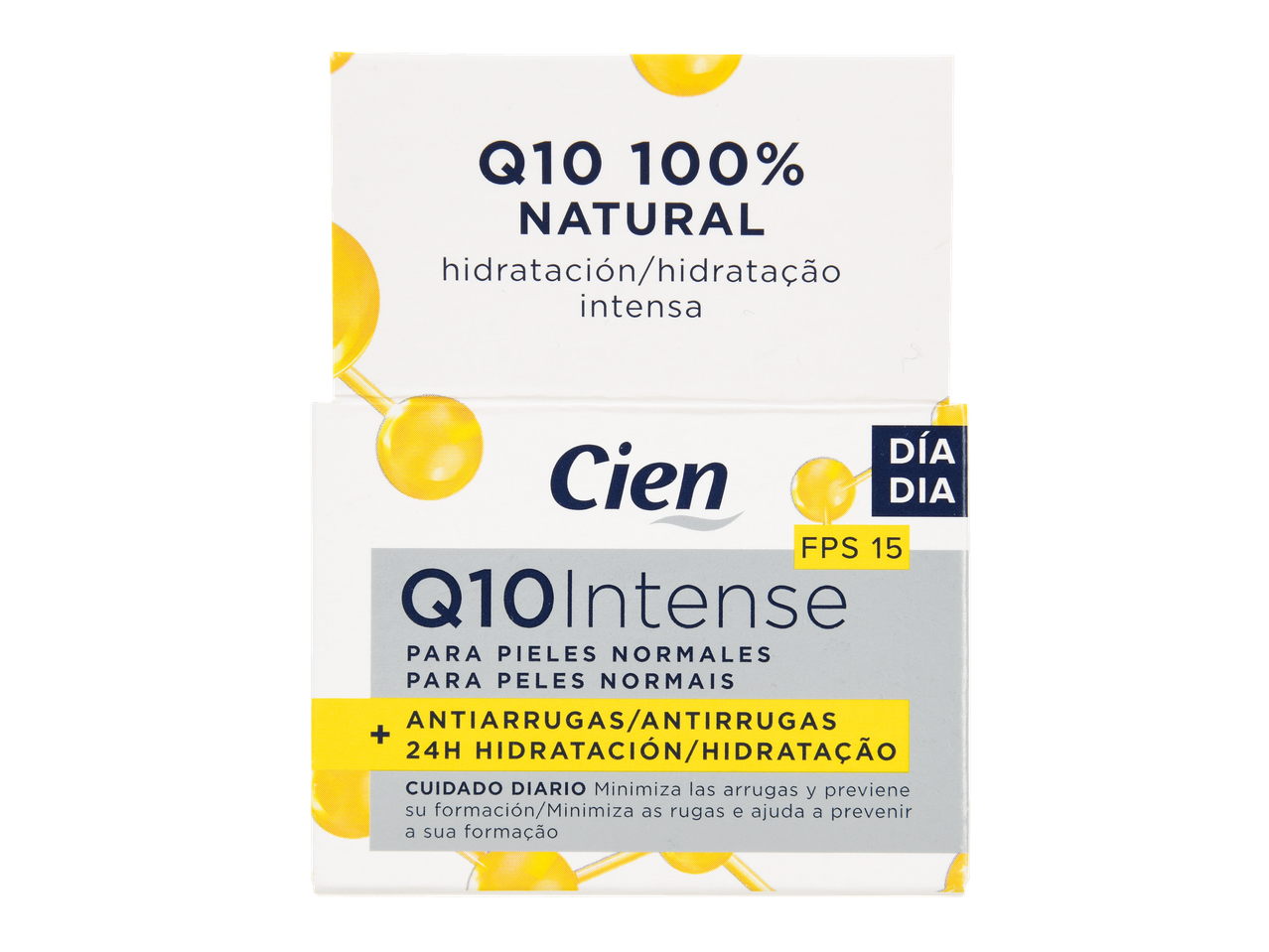 Creme Cien Q10 Intense para o dia, FPS 15, hidratação 24h e antirrugas para peles normais.