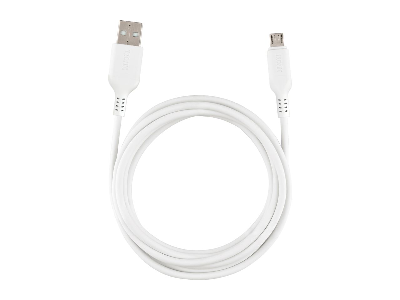 White USB-A to Micro-USB charging and data cable, coiled in a circle.
